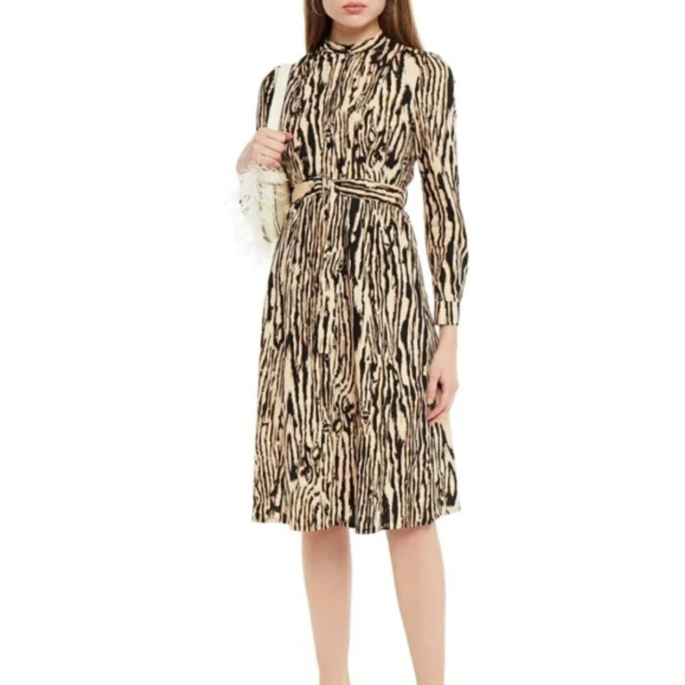 Baum und Pferdgarten Shirt Dress Womens 38 Small Black Tan Tiger Print Midi Boho - Picture 2 of 12